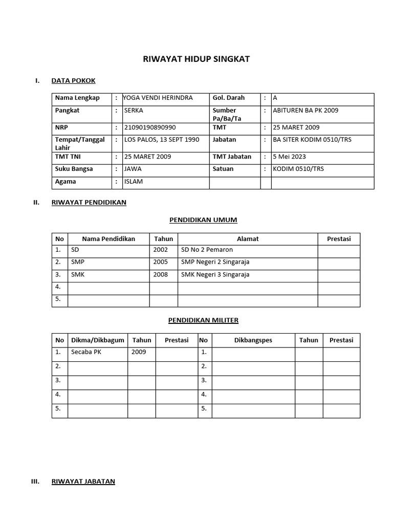 Contoh Riwayat Hidup TNI AD | PDF
