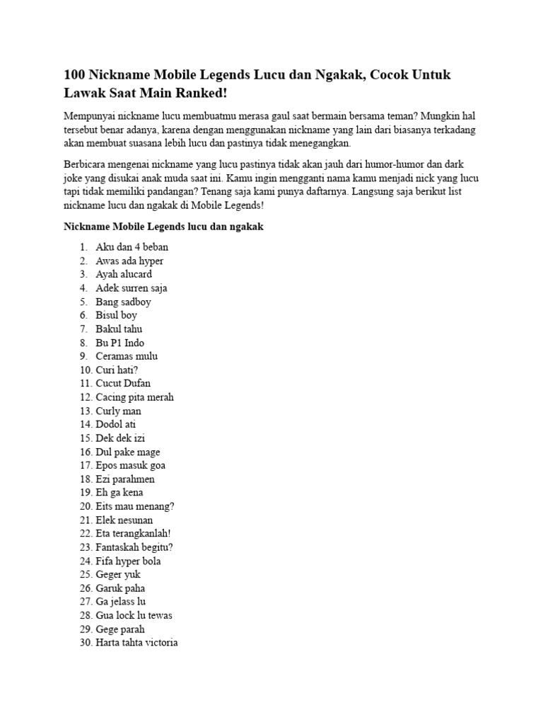 Nickname Lucu untuk Mobile Legends | PDF | Game \u0026 Aktivitas, image size:768x1024