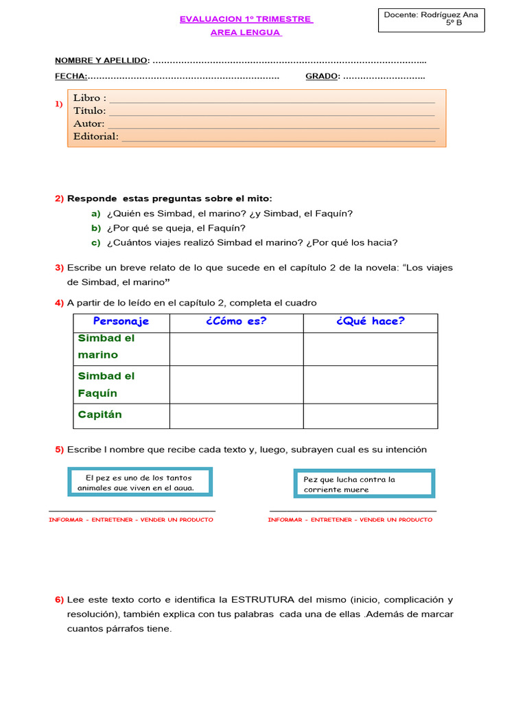 Evaluación Lengua 1º Trimestre | PDF | Artes del Lenguaje y ...