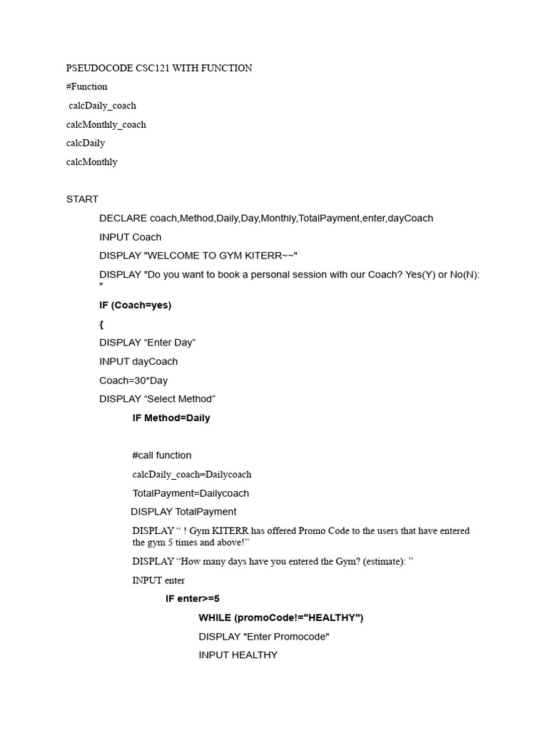 Pseudocode Functions for Gym Booking | PDF | Computing | Computer ...