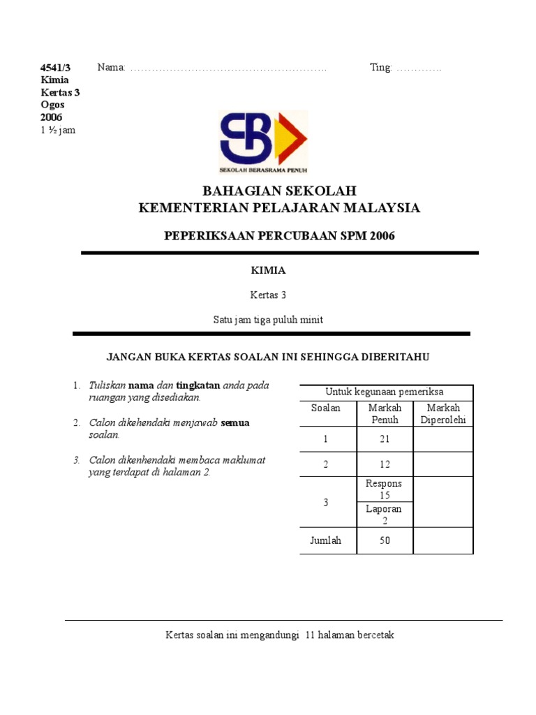 Kertas 3 > Soalan Kimia Kertas 3