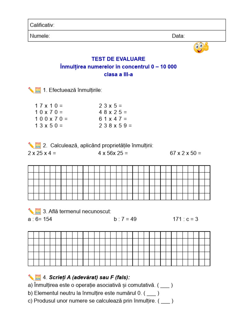 Test de Evaluare Inmultirea CL A III A 1 | PDF