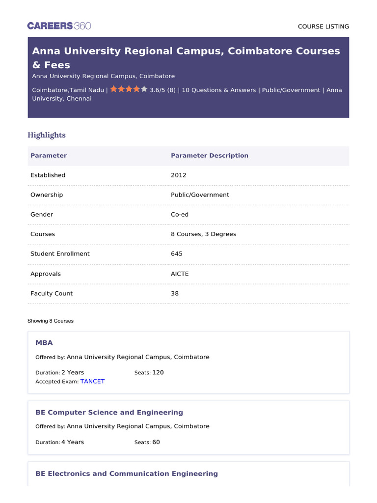 Anna University Coimbatore Course Details | PDF | Career & Growth ...