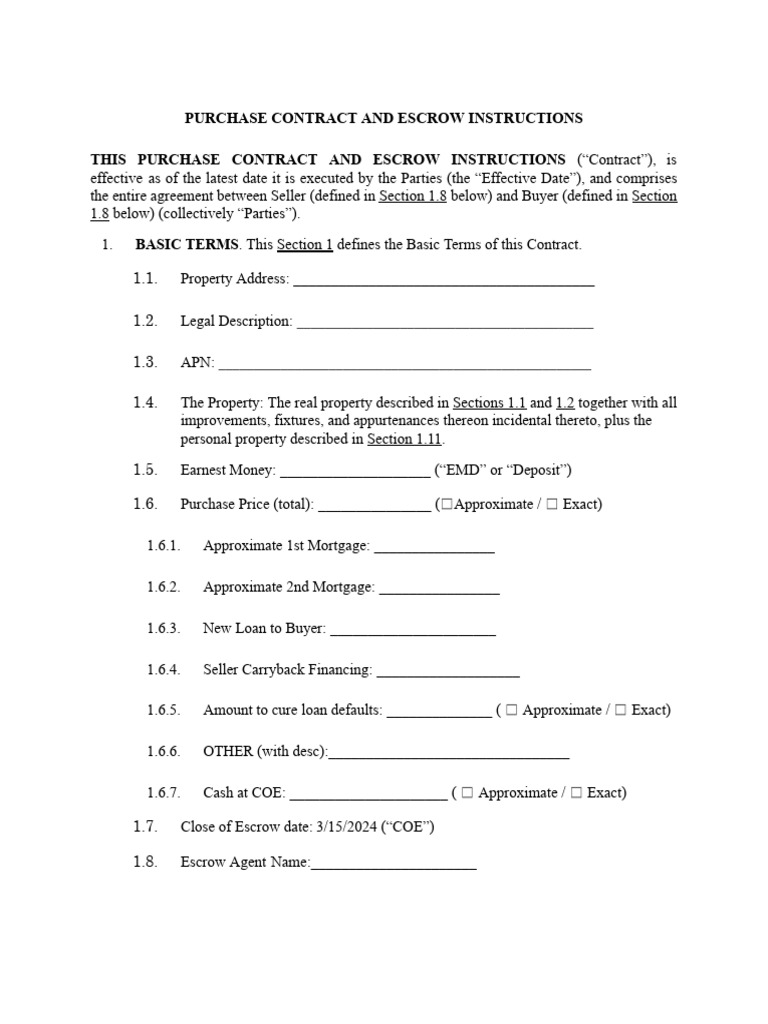 Purchase Contract and Escrow Instructions | PDF | Breach Of Contract ...