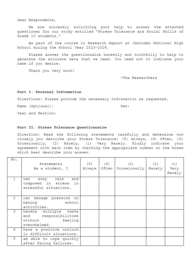 Stress Tolerance and Social Skills Survey | PDF | Psychological ...