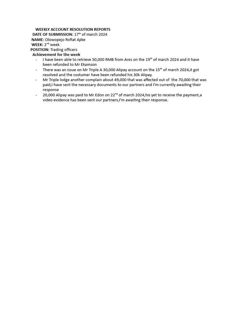 Weekly Account Resolution Summary | PDF