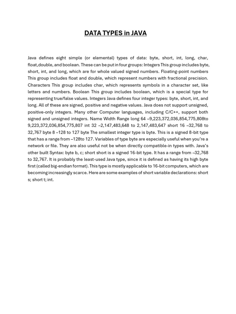 DATA TYPES Java Defines Eight Simple (Or Elemental) Types of | PDF ...