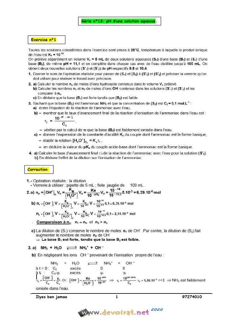 pH d'une solution aqueuse : exercices et corrections | PDF