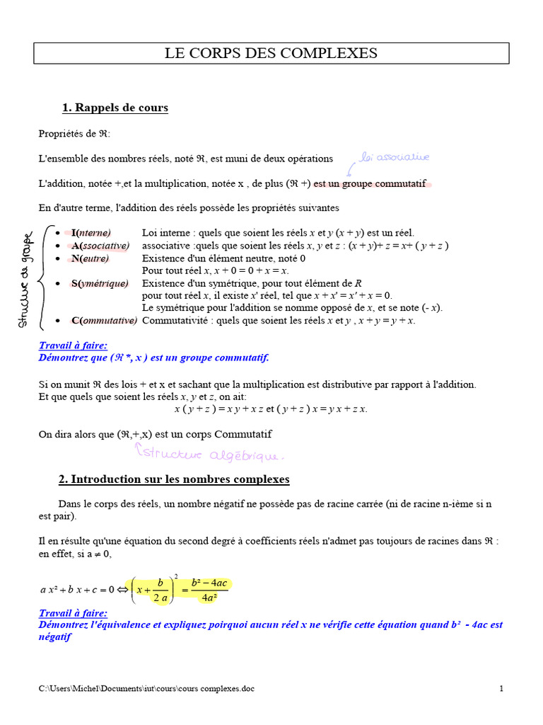 Introduction aux Nombres Complexes et leurs Propriétés | PDF | Nombre ...