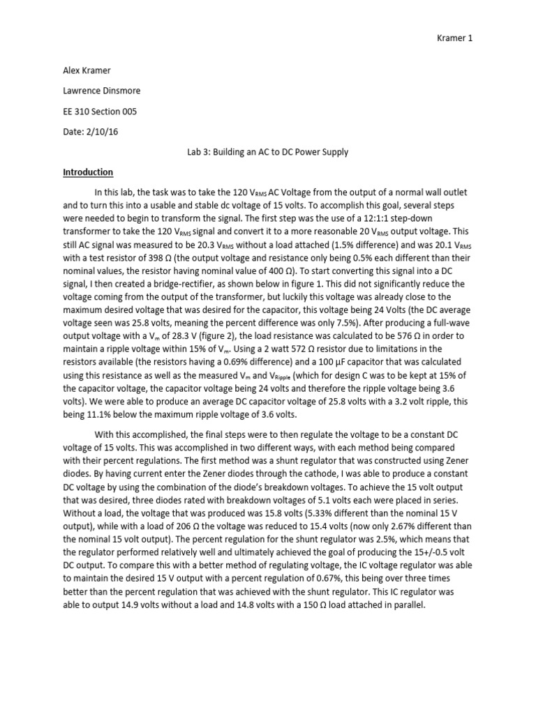 AC to DC Power Supply Lab Report | PDF | Rectifier | Capacitor