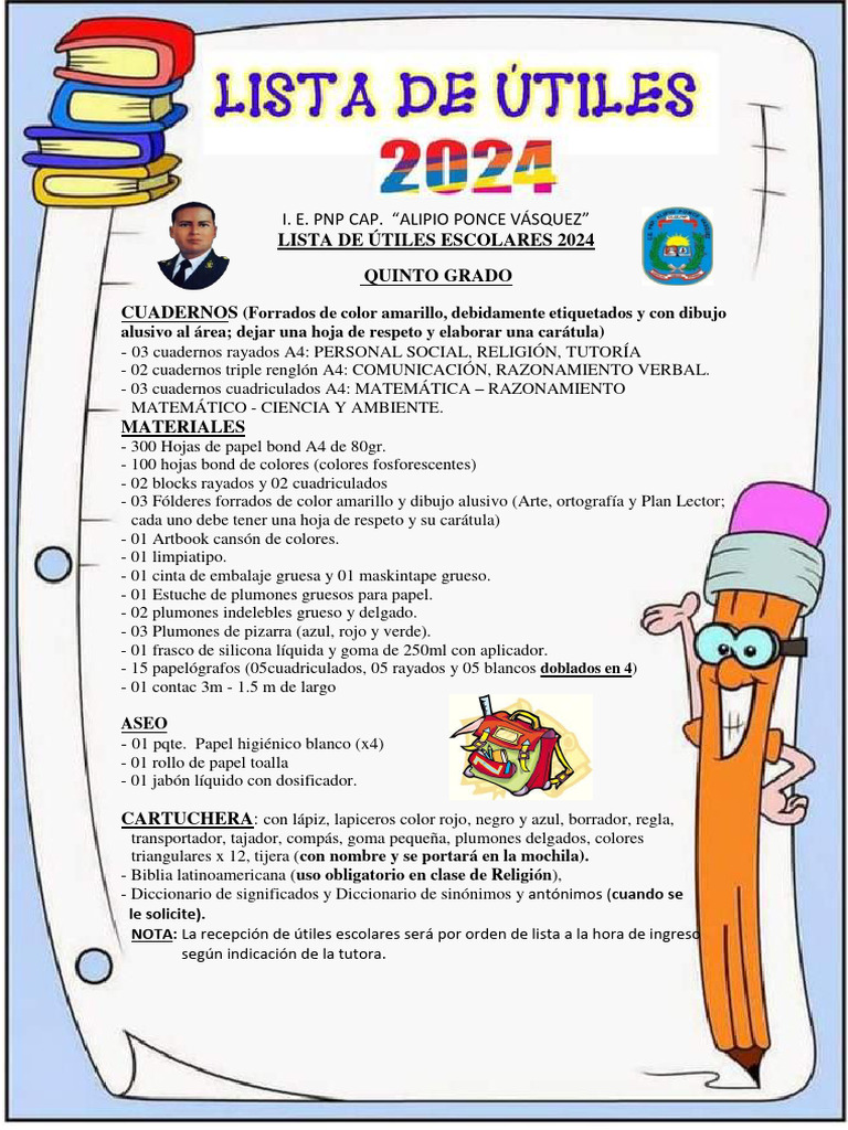 Lista de Utiles Quinto 2024 PDF