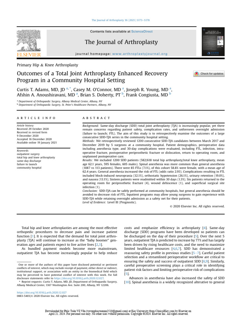 Outcomes of A Total Joint Arthroplasty Enhanced Recovery Program in A ...