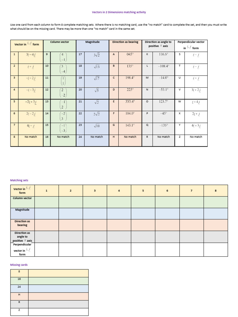2D Vector Matching Activity Guide | PDF | Euclidean Vector | Rotation