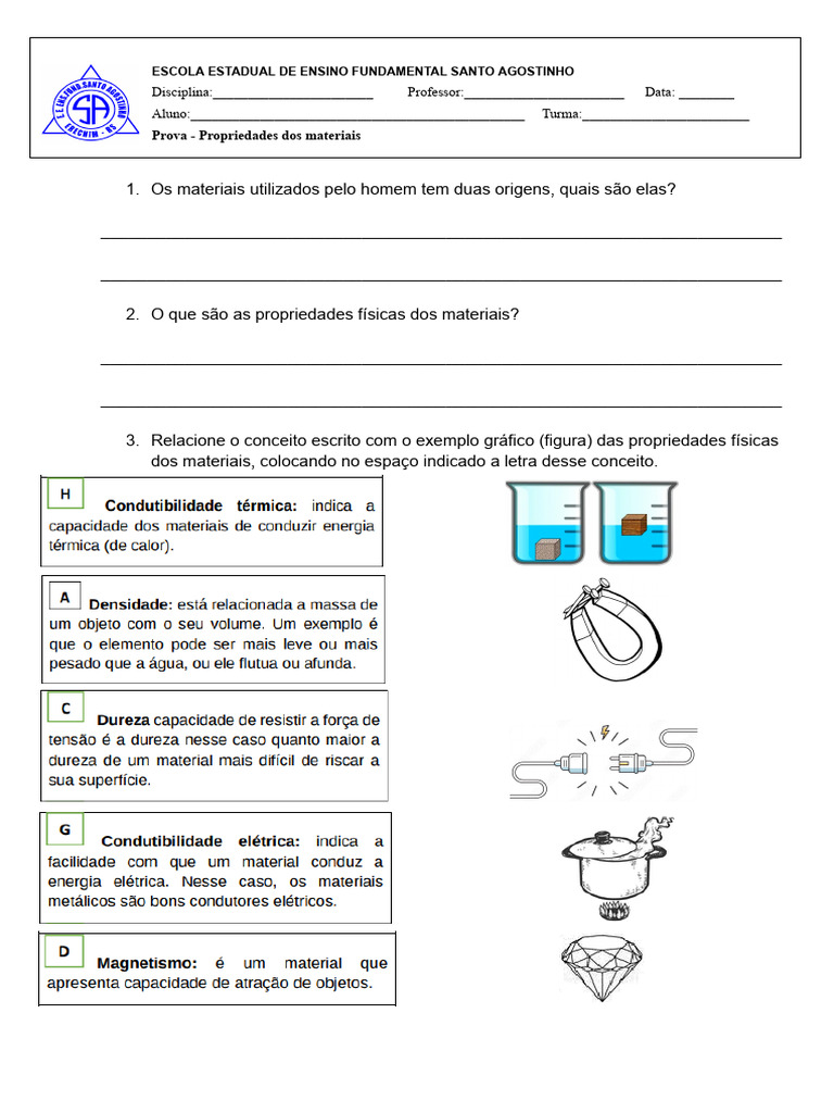 Prova sobre Propriedades dos Materiais 5º Ano | PDF