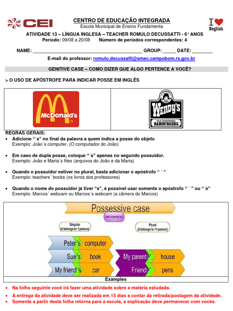 Atividades sobre Genitive Case - 6º Ano | PDF | Artes Linguísticas e ...