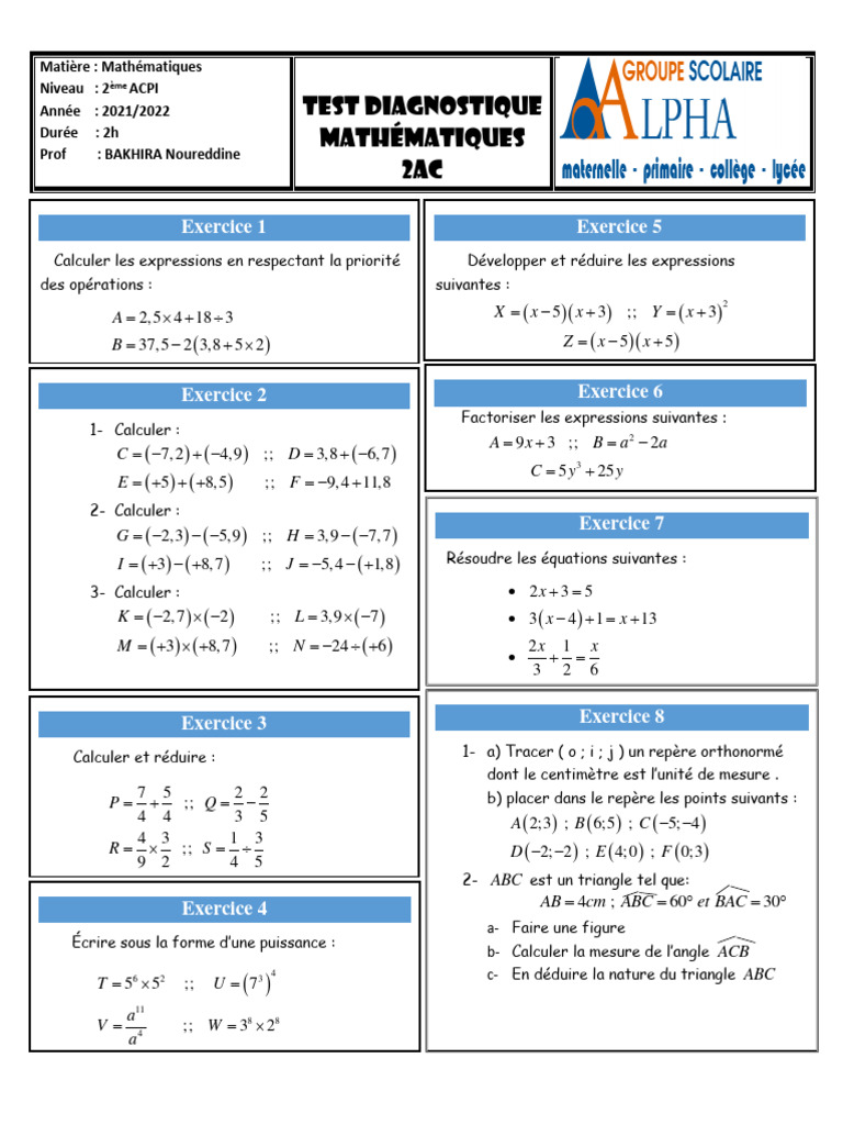 Test Diagnostique Math 2AC 2021/2022 | PDF | Notation (mathématiques ...