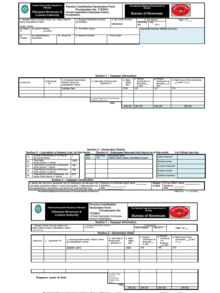 Oromia Pension Contribution Form | PDF | Pension | Payroll Tax