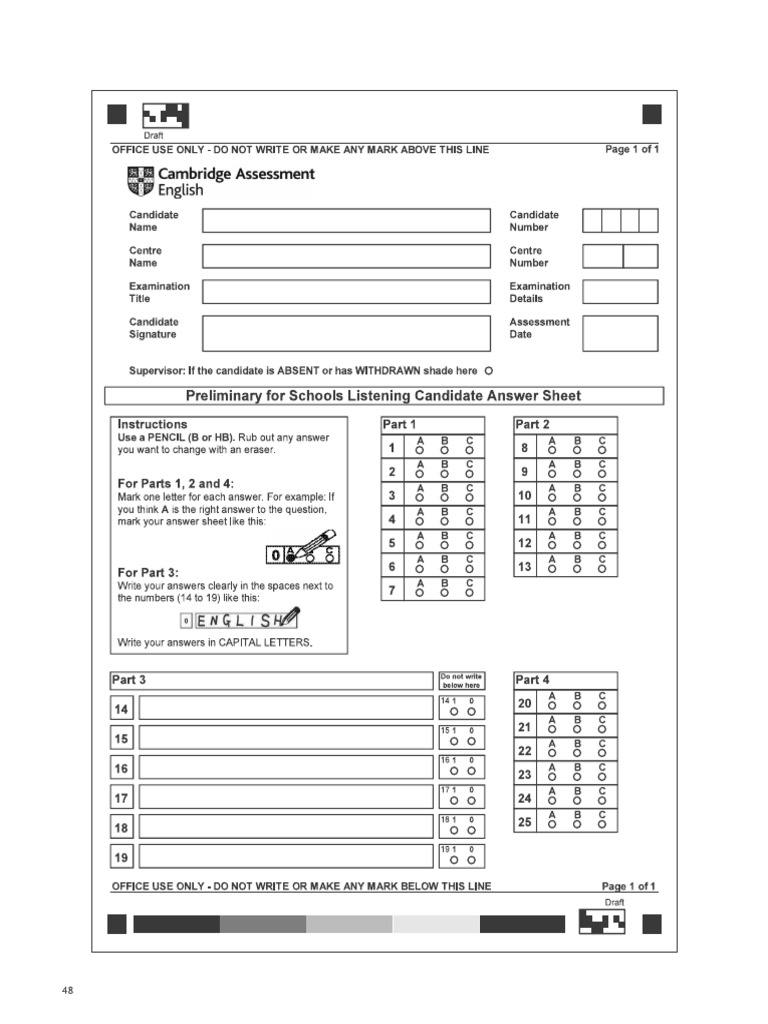 Answersheet Listening PET | PDF