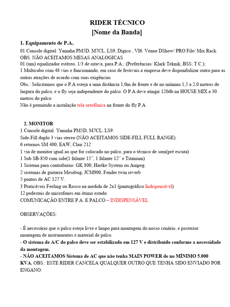 Modelo Rider Técnico | Download grátis PDF | Tecnologia musical