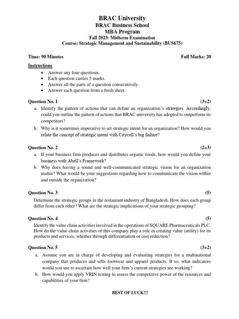 Brac university bus675 mid term question pdf strategic management