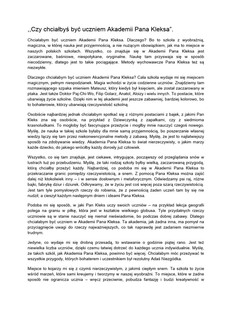 Dlaczego Chciałbym Być Uczniem Akademii Pana Kleksa