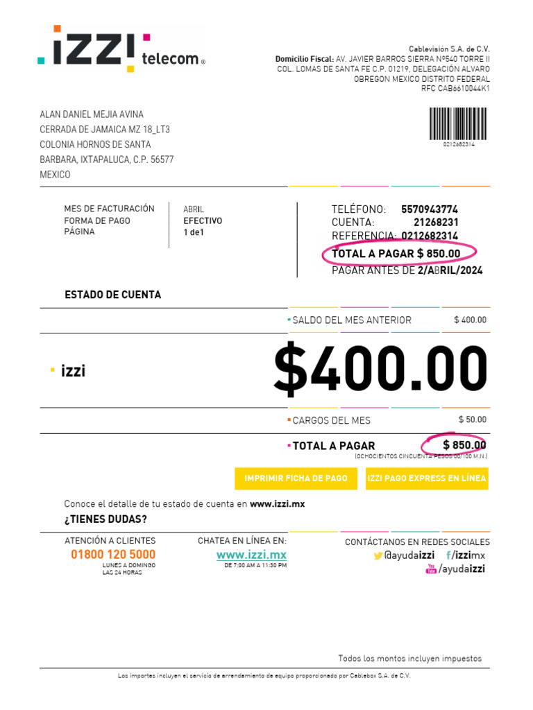 Recibo de Izzi Abril 2024 | PDF | Empresas | México