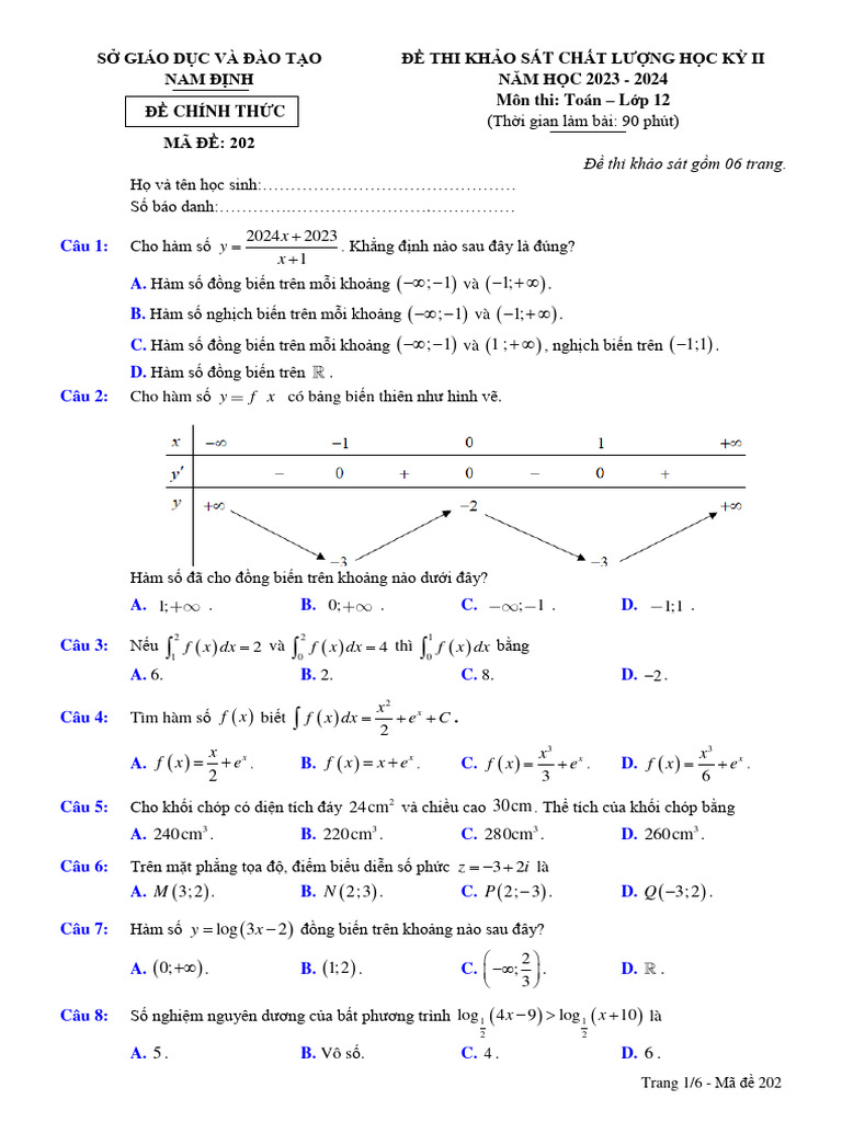 De Thi Hoc Ky 2 Toan 12 Nam 2023 2024 So GDDT Nam Dinh | PDF