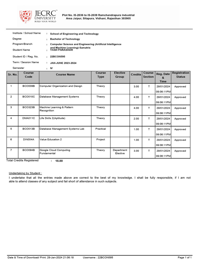 B.Tech Course Registration Details 2024 | PDF | Machine Learning ...