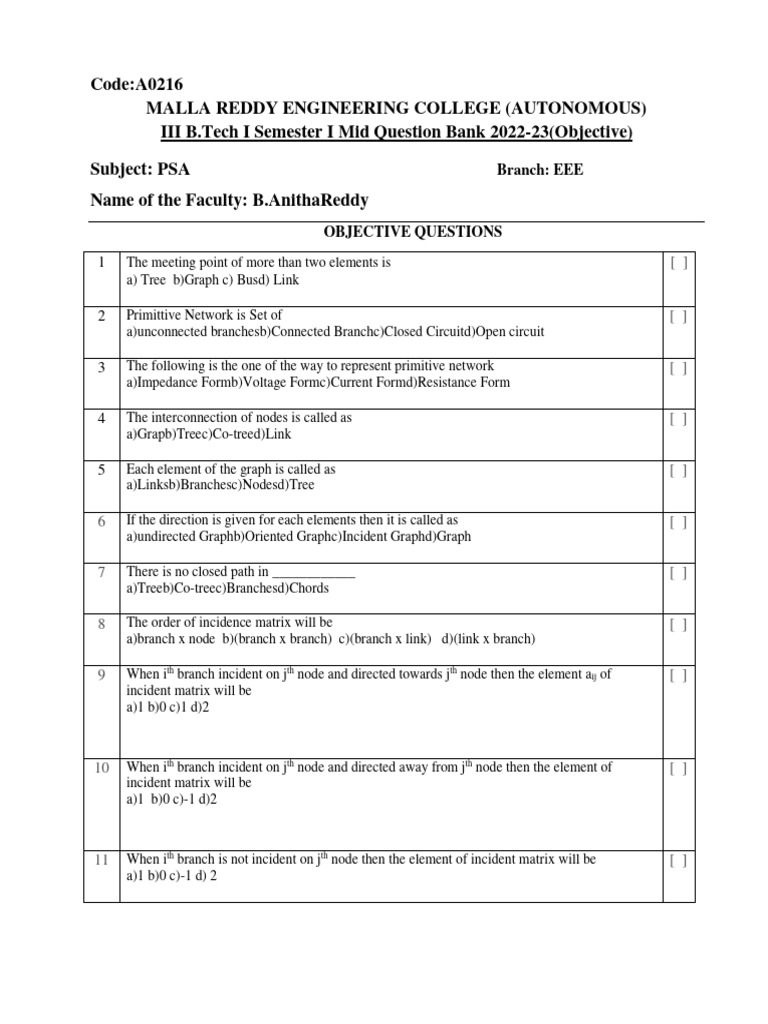 PSA Mid Question Bank for EEE 2022-23 | PDF | Mathematical Objects ...
