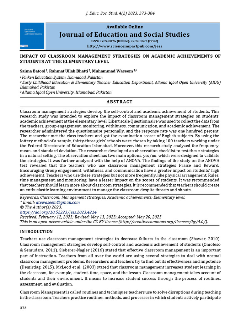 Classroom Management Impact on Student Achievement | PDF | Classroom ...