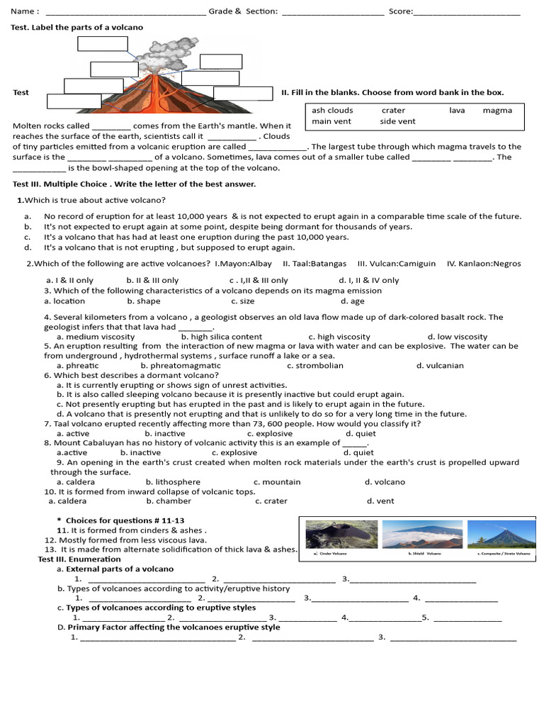 Volcano Parts and Eruption Quiz | PDF | Volcano | Types Of Volcanic ...