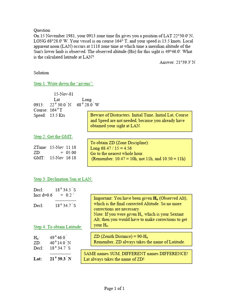 Calculated Latitude Sun | PDF