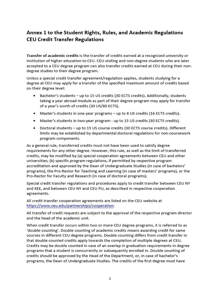 CEU Credit Transfer Regulations | PDF | Academic Degree | Master's Degree
