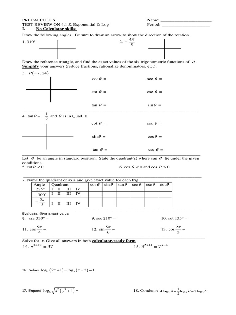 Precalculus Test Review: Trigonometry & Logs | PDF | Angle | Euclidean ...