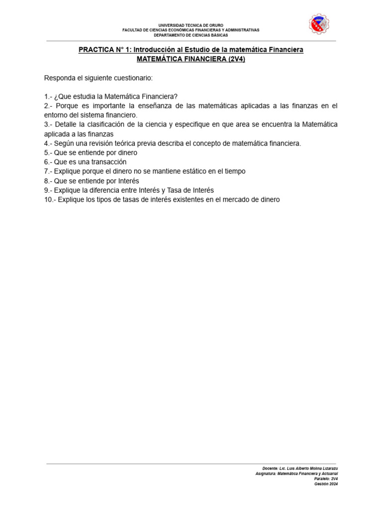 PRACTICA #1 y 2 MATEMATICA FINANCIERA | PDF | Interés | Finanzas ...