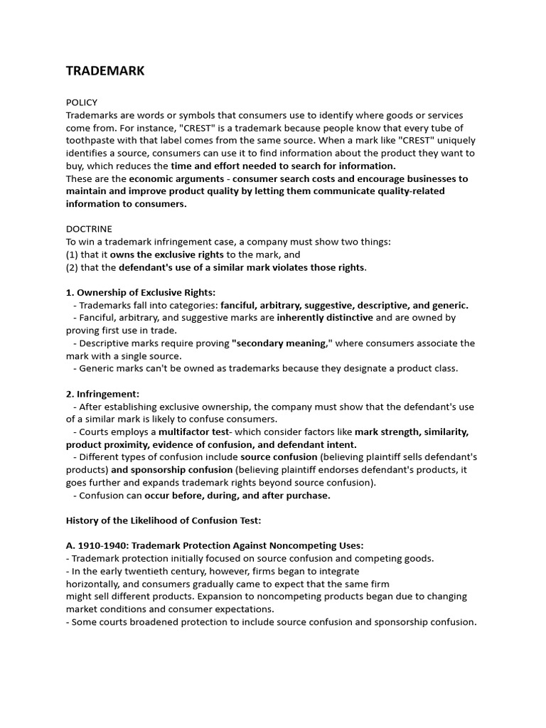 Trademark Infringement and Confusion Test | PDF | Trademark | Tort