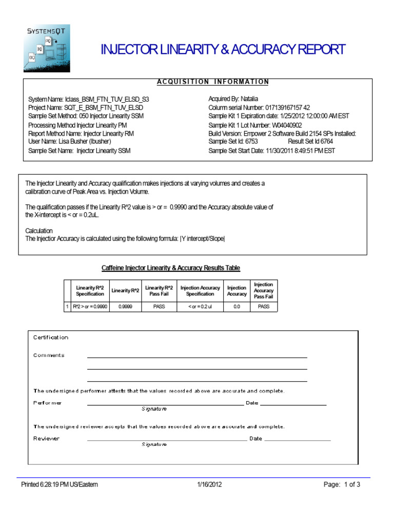 Injector Linearity and Accuracy Report | PDF