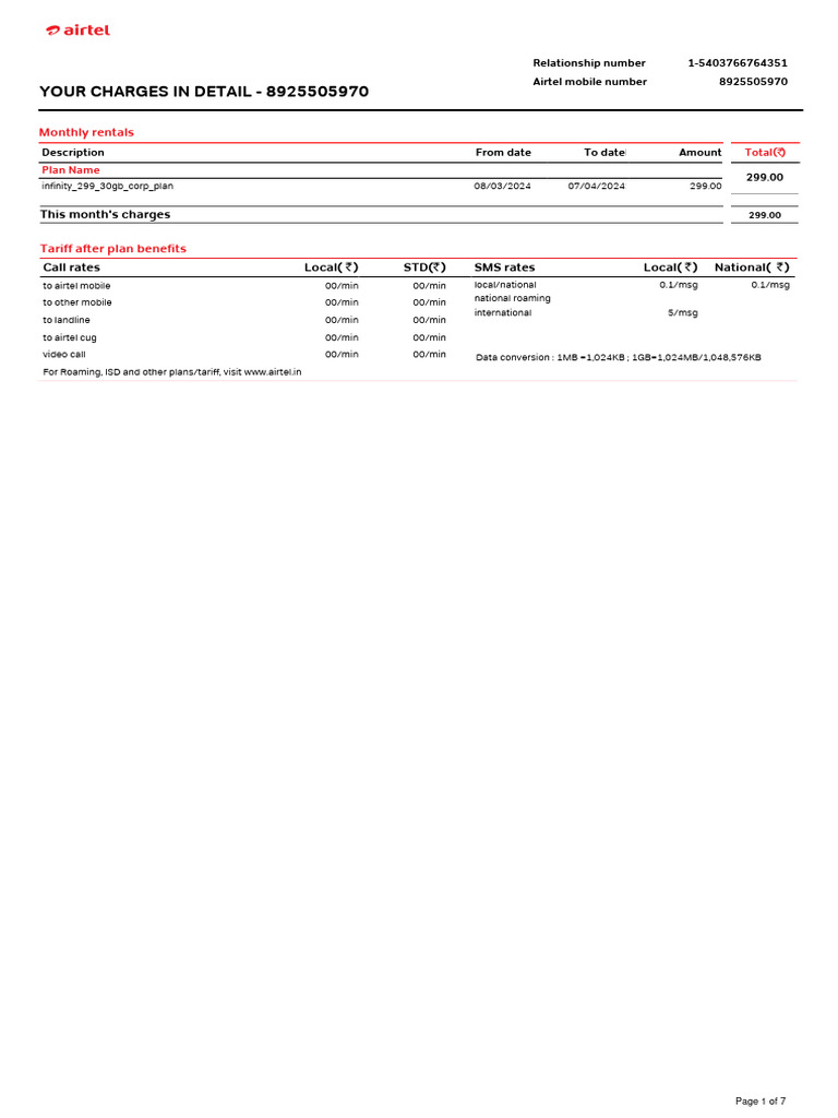Infinity 299 Corporate Plan Charges | PDF | Service Industries | Mobile ...