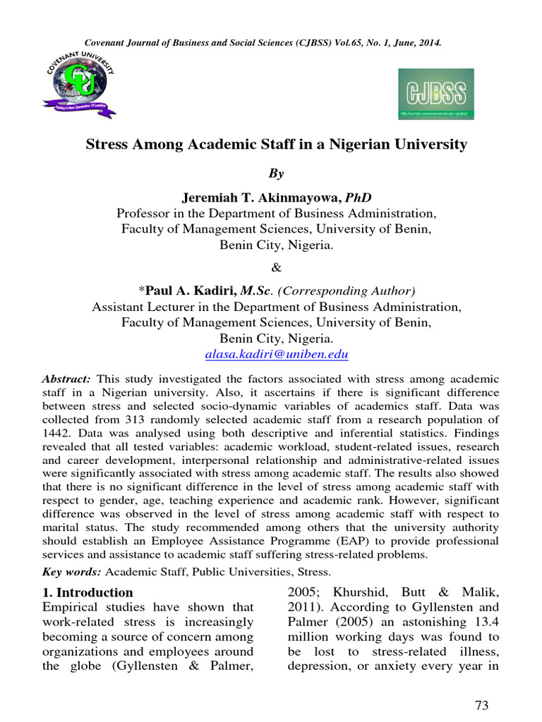 Stress Among Academic Staff in A Nigerian University | PDF | Statistics ...