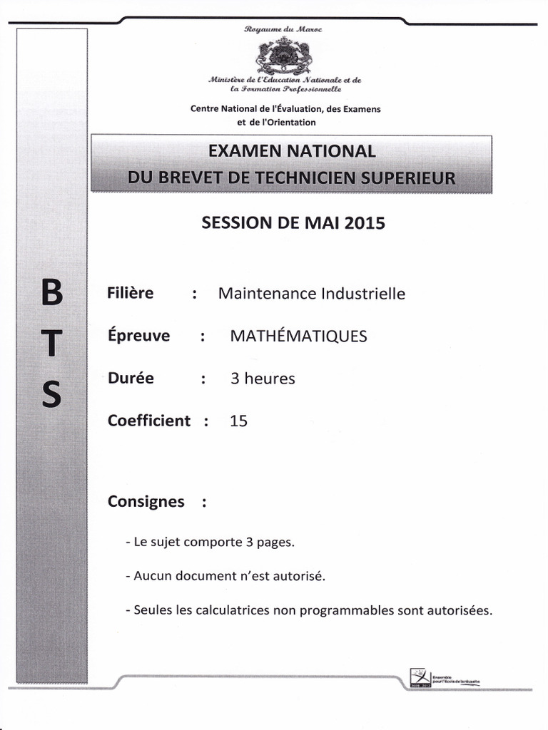 Sujet Maths BTS Maintenance 2015 | PDF | Intégral | Objets mathématiques