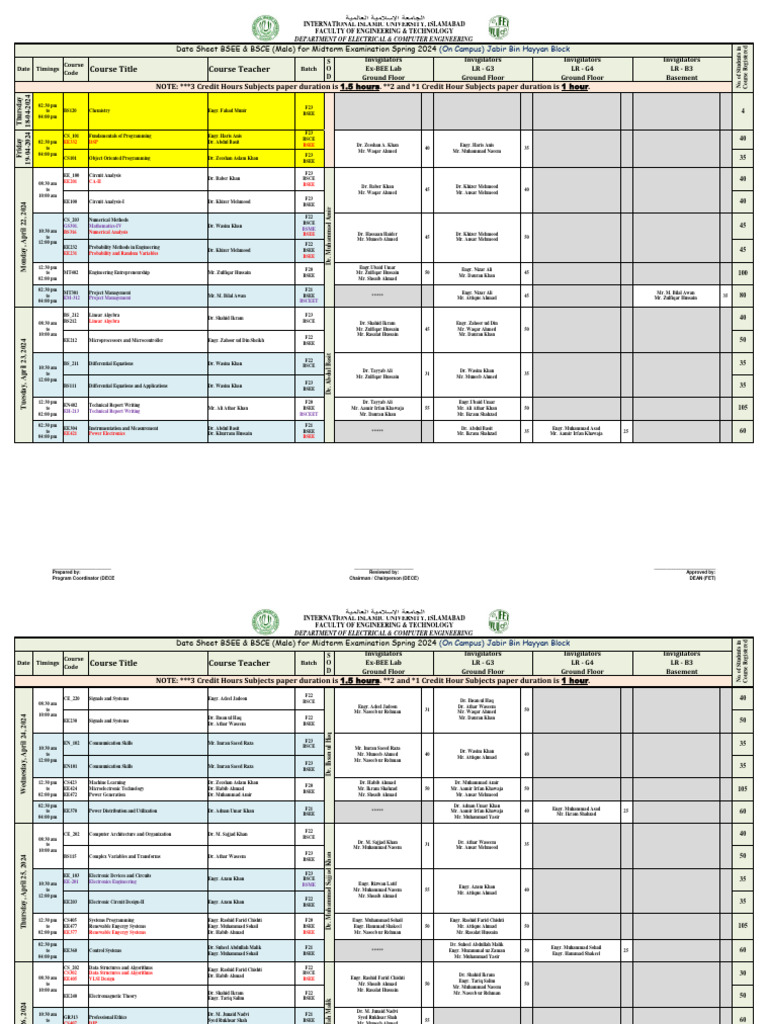 BSEE & BSCE Midterm Exam Schedule 2024 | PDF