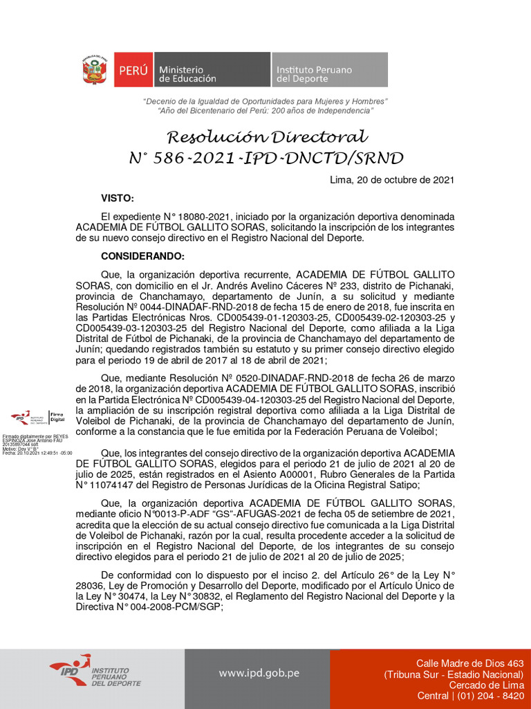 Resolución Directoral 586-2021-IPD-DNCTD-SRND Academia de Fútbol ...