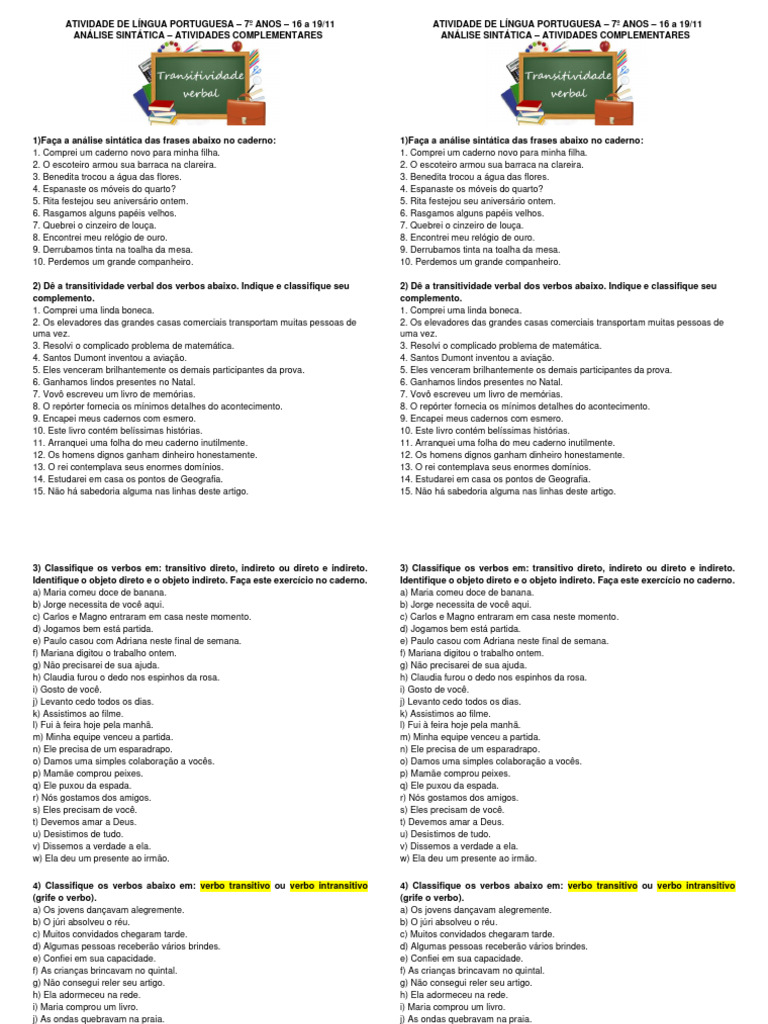 Análise Sintática e Verbal - 7º Ano | PDF | Artes Linguísticas e ...