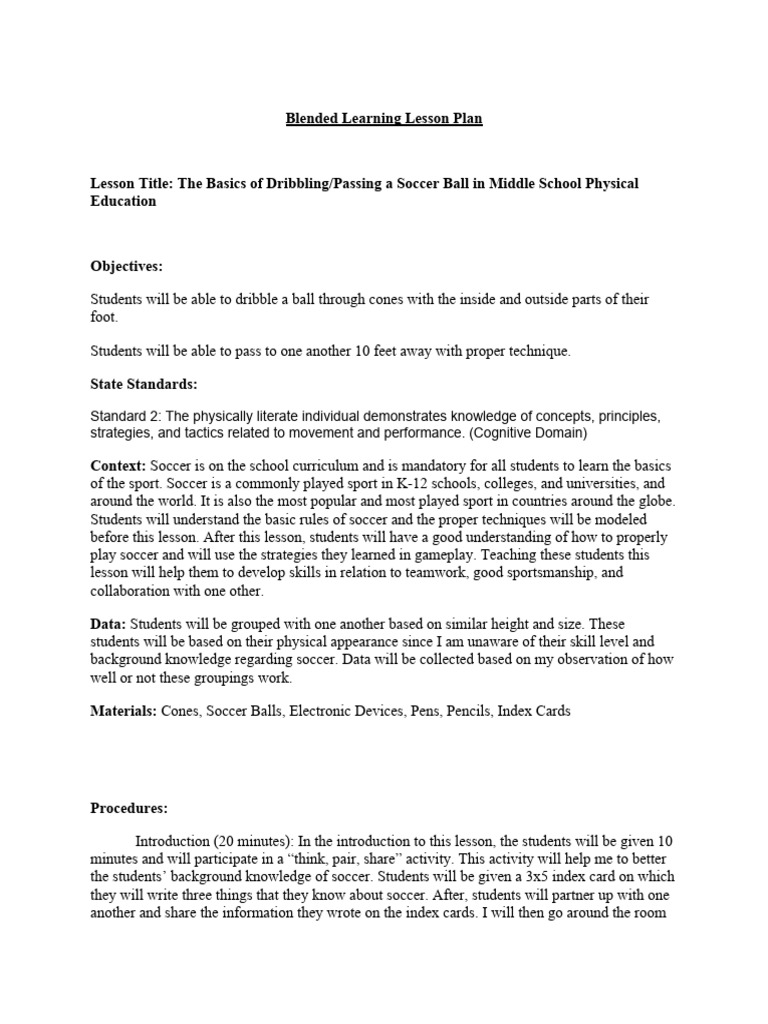 Blended Learning Lesson Plan 1 | PDF | Association Football | Lesson Plan