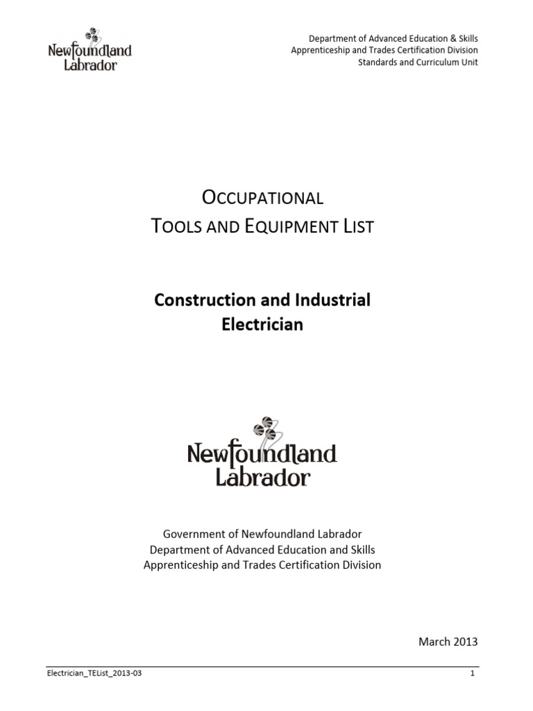 Electrician Tools and Equipment List 2013 | PDF | Drill | Apprenticeship