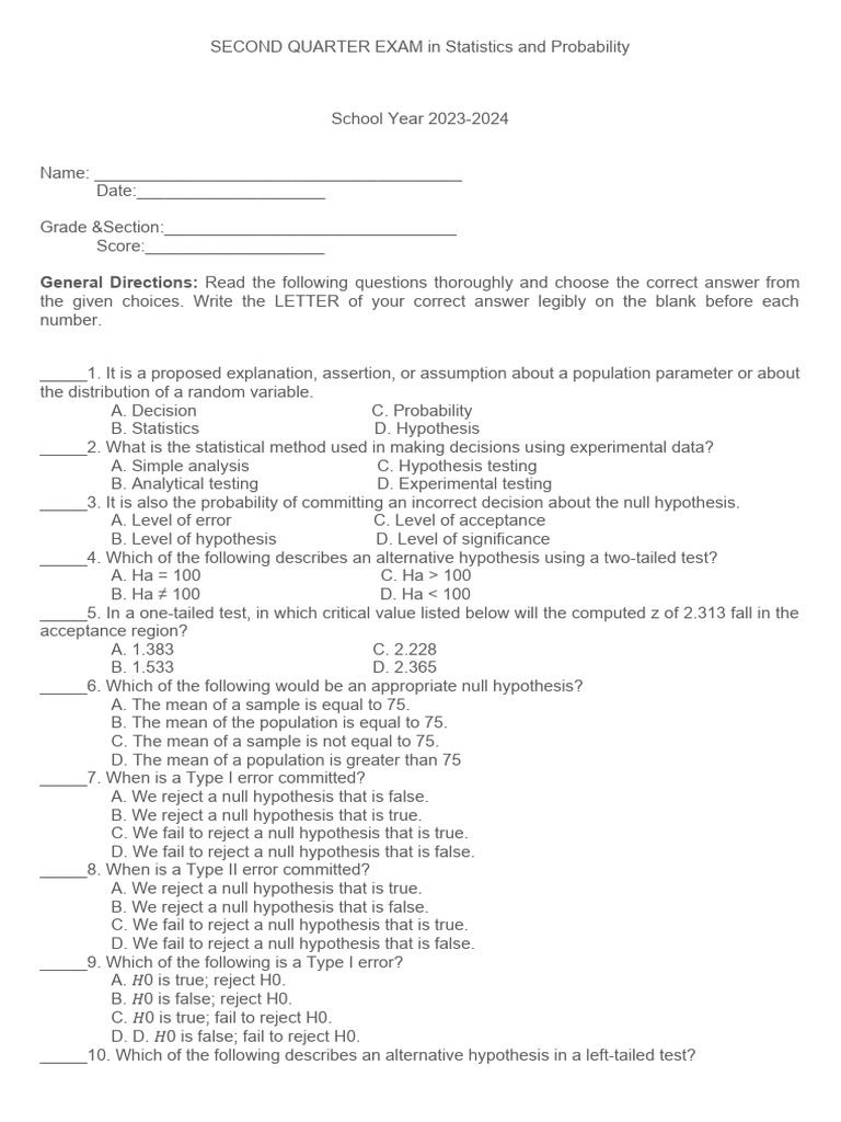 Q2 Statistics & Probability Exam 2023 | PDF | Statistics | Statistical ...