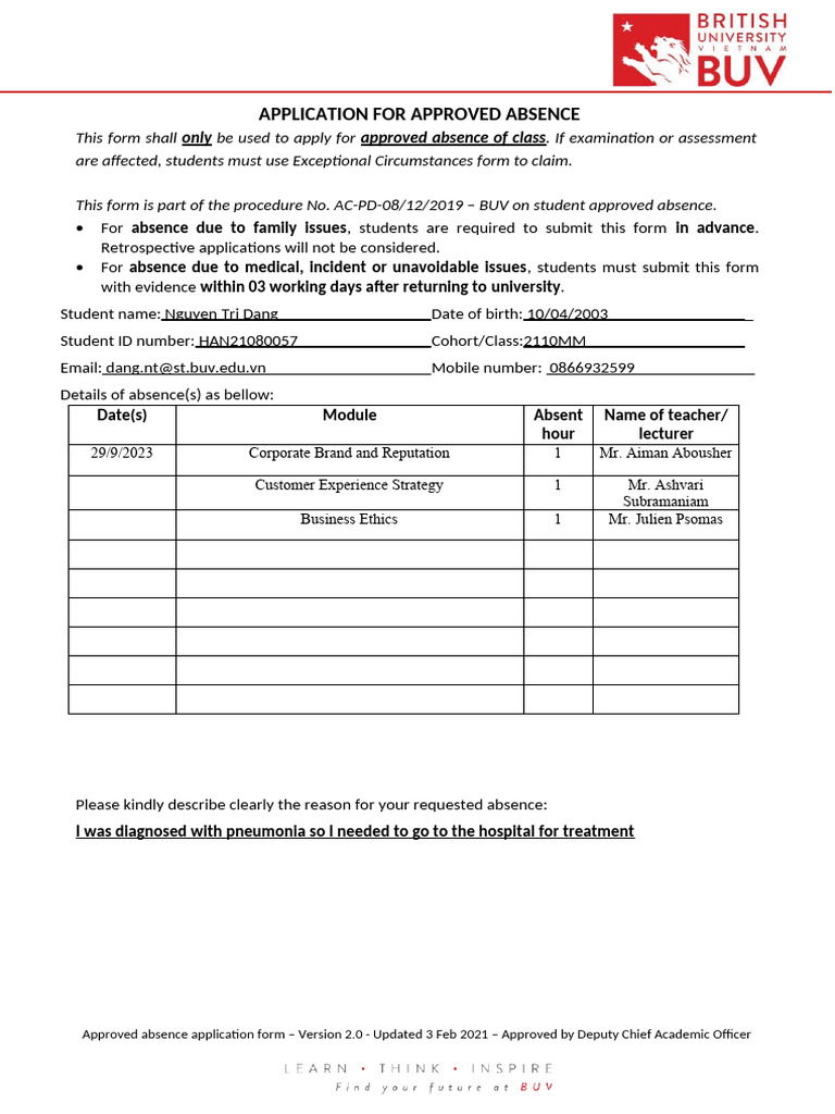 Approved Absence Application Form | PDF