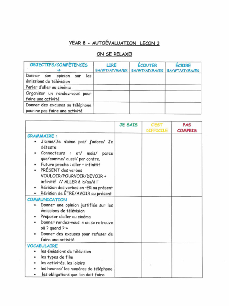 Autoevaluation Y8 Controle 3 1 | PDF