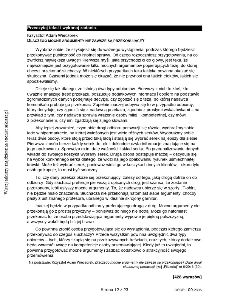 Dlaczego Mocne Argumenty Arkusz 2023 Dodatkowy | PDF
