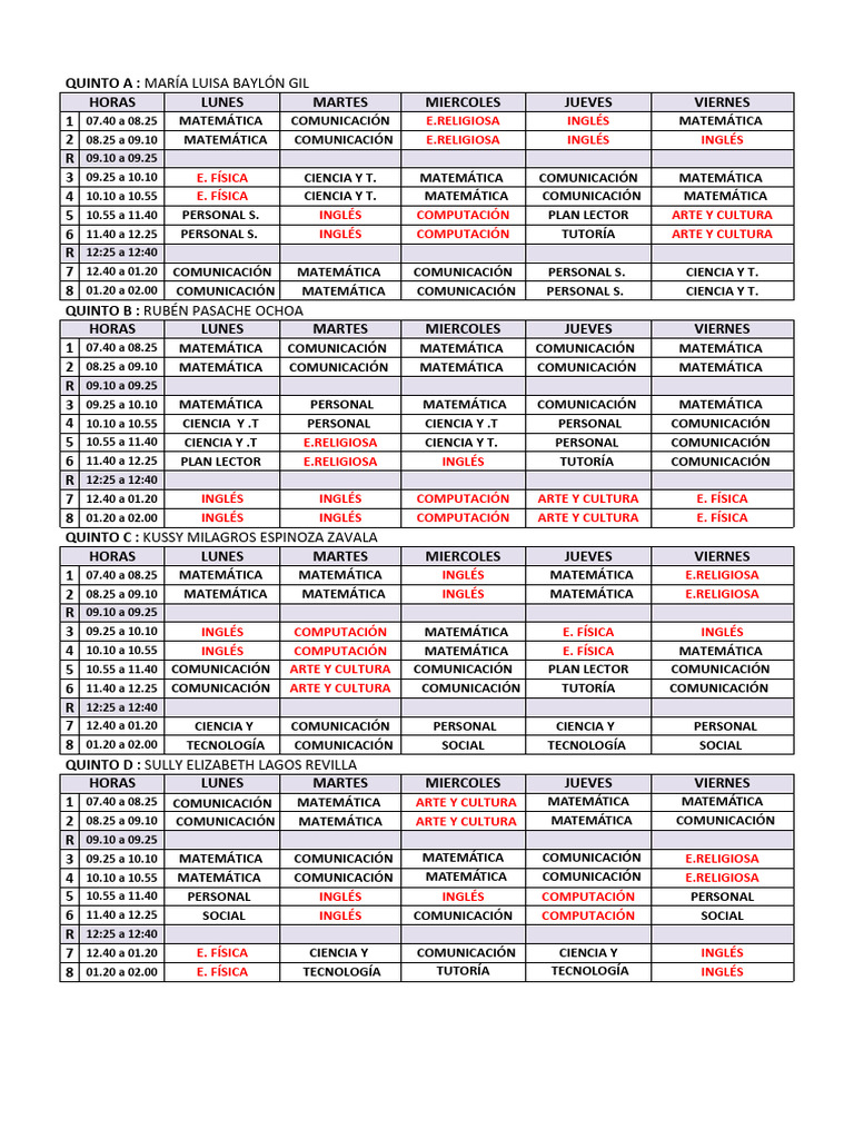 Horario Quinto. 2024 | PDF | Estudios de idiomas extranjeros | Religión ...